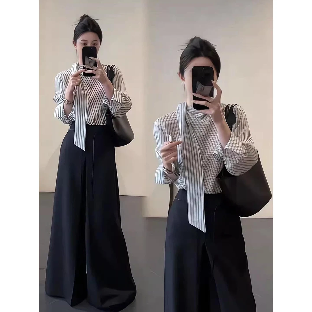 早秋搭配一整套韩系通勤穿搭高级感条纹飘带衬衫休闲西装裤两件套