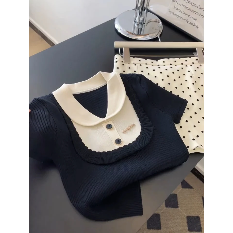 法式独特设计感撞色娃娃领短袖针织衫女夏季新款时尚修身显瘦上衣