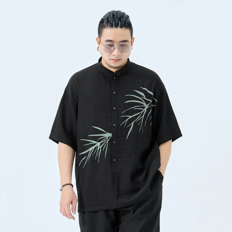 半墨大码男装印花休闲衬衣中式立领衬衫国风透气加肥加大上衣0231