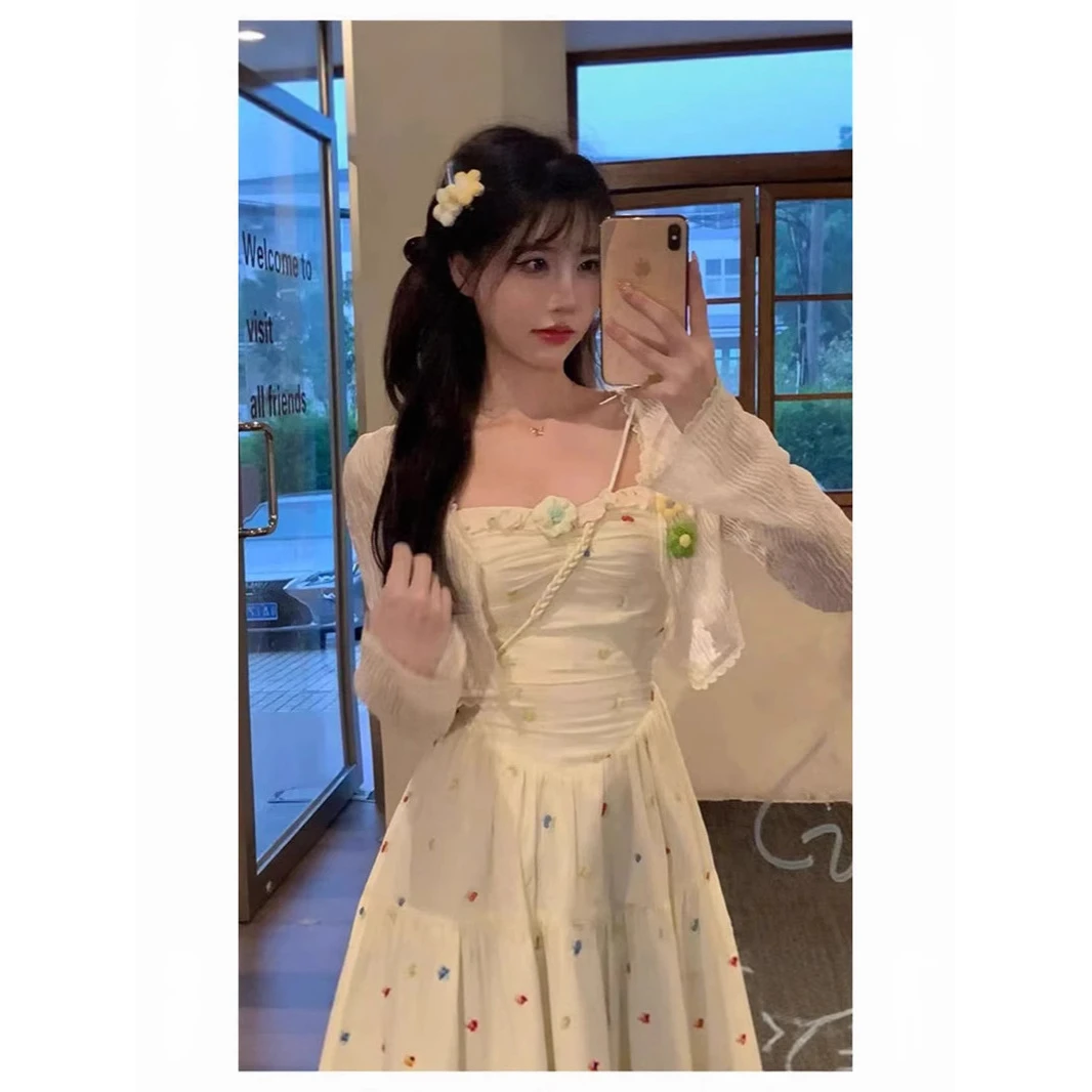 夏日来信 夏季甜美初恋温柔风显瘦小众设计感连衣裙+短开衫两件套