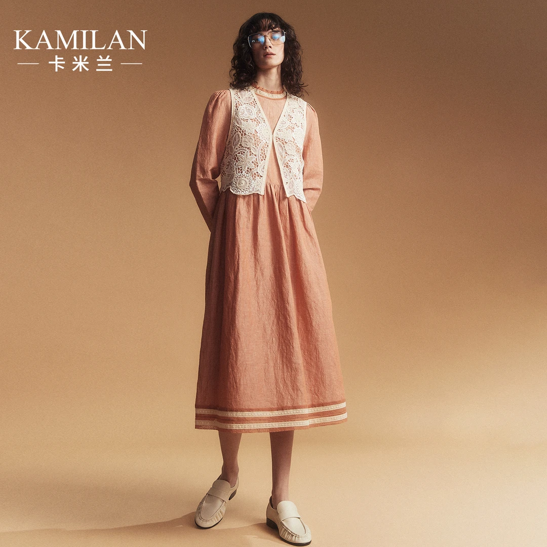 卡米兰复古假两件连衣裙女2025春季新款中长款拼接亚麻A字裙