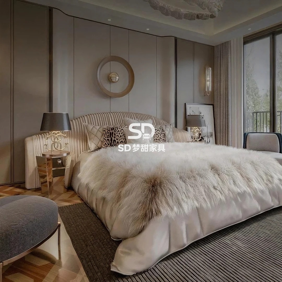 艾梦甜轻奢美式磨砂床头简约褶皱宽屏主卧室双人大床定制款SDK07