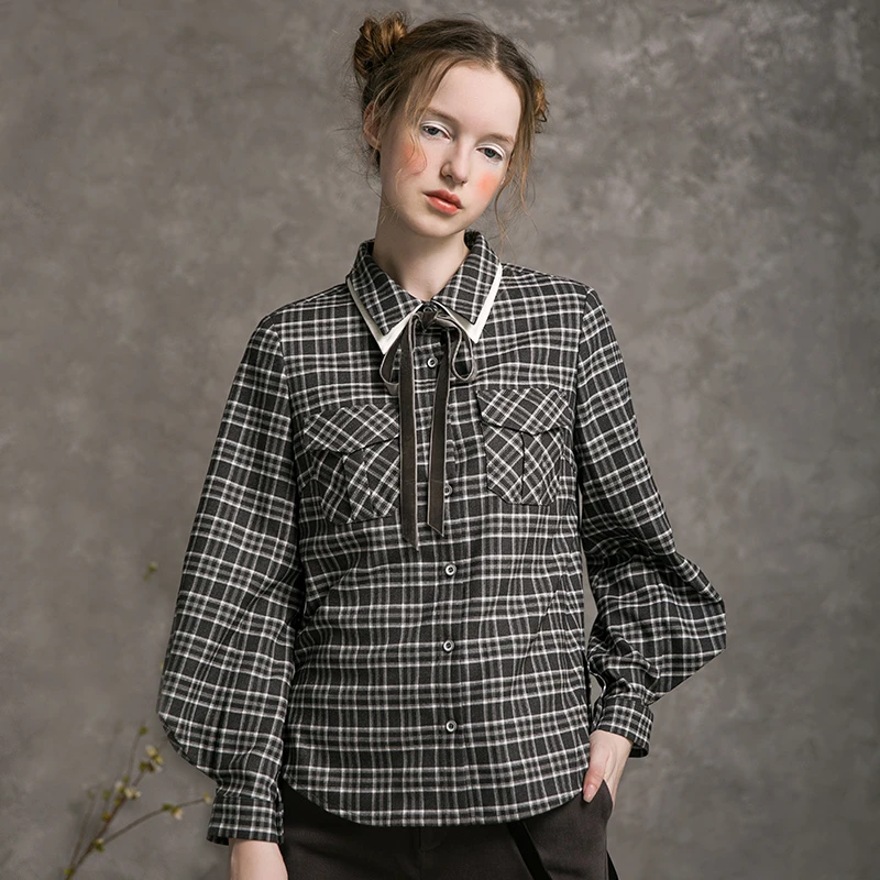 famecoco范可儿格子衬衫女士宽松设计灯笼袖开身衬衣F216BH001