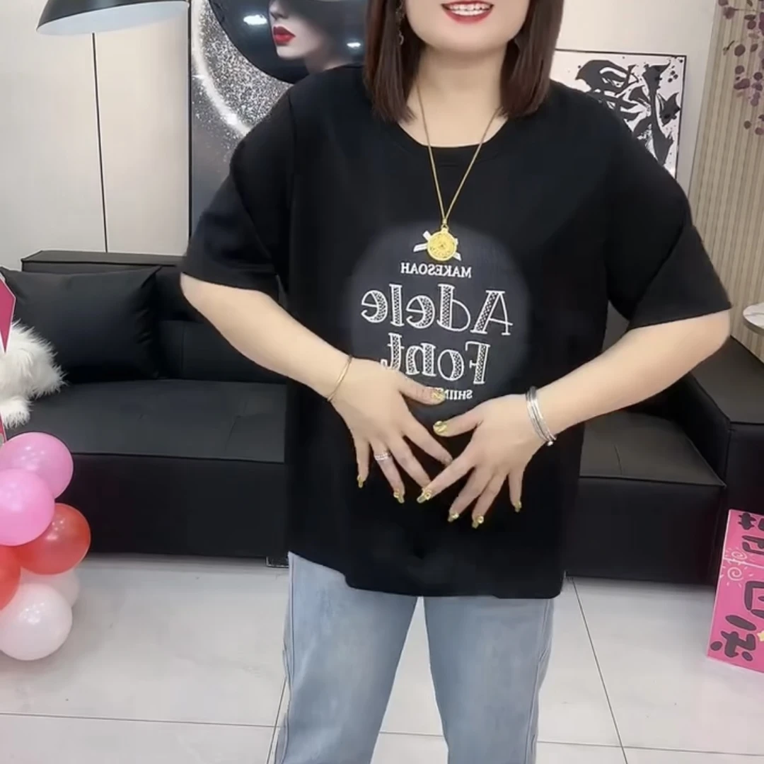 大码休闲风圆领高品质宽松夏季轻熟风短袖落肩袖半袖T恤重工