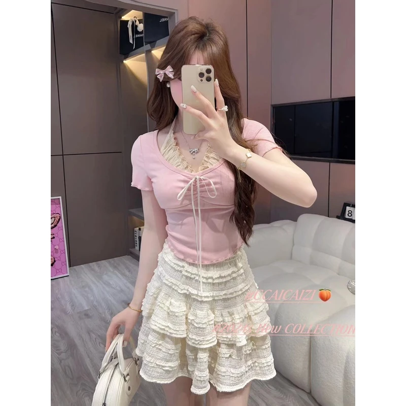 [no退no换]【初恋】芭蕾风纯欲挂脖系带假两件短袖上衣无胸垫2306