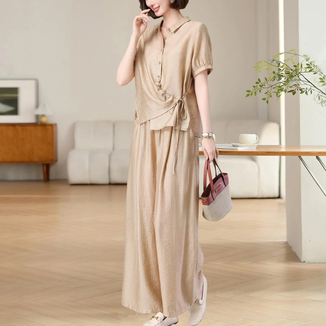 轻奢天丝亚麻衬衫套装女2025夏新款中年妈妈宽松洋气减龄阔腿裤两