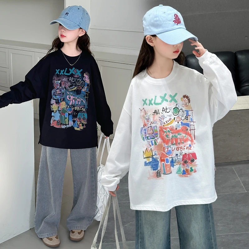 女童装儿童长袖打底衫秋季圆领女童涂鸦T恤中大童潮酷百搭上衣潮