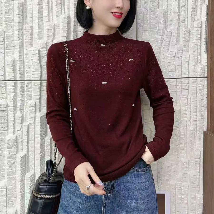 烫钻半高领防静电2025秋季新款时尚显瘦亮闪闪打底衫女士内搭长袖