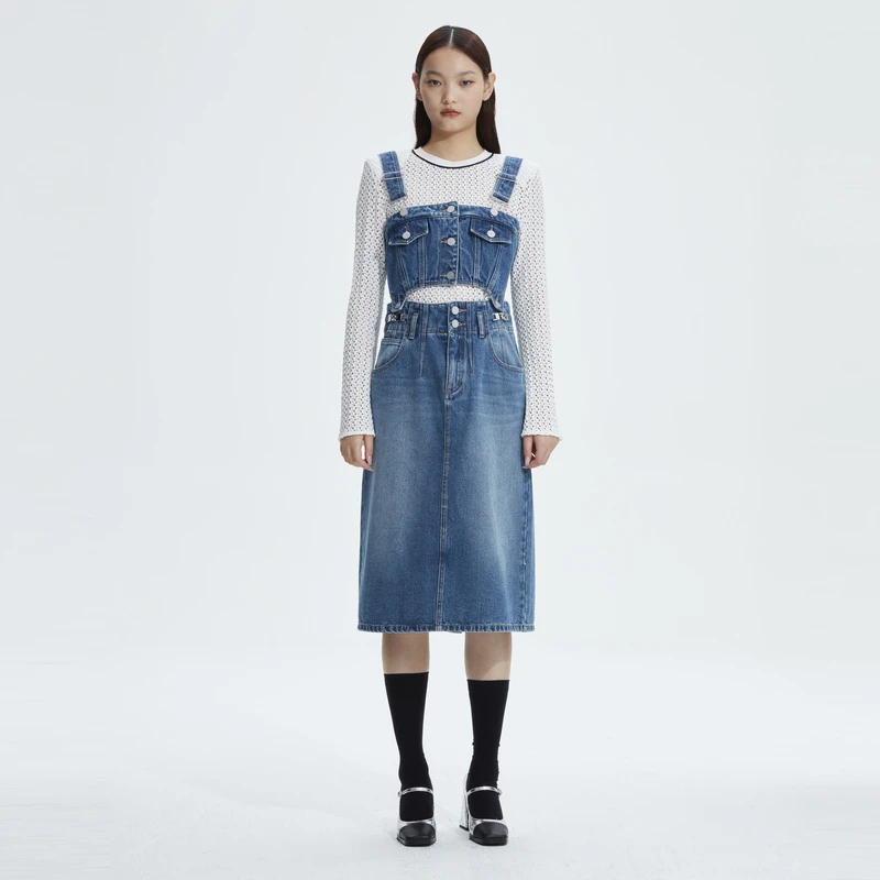 REVAN芮范设计师款复古感可拆牛仔背带裙RN11509224