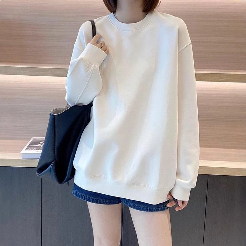 白色长袖棉卫衣女2025春秋冬新款慵懒风宽松中长款休闲打底上衣衫