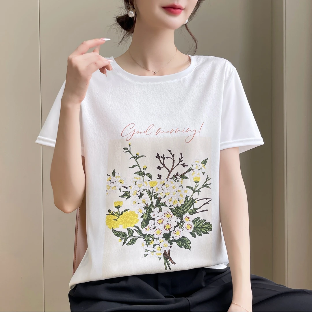 1476夏季丝滑缎面冰凉感女半袖T恤洋气AB拼接短袖