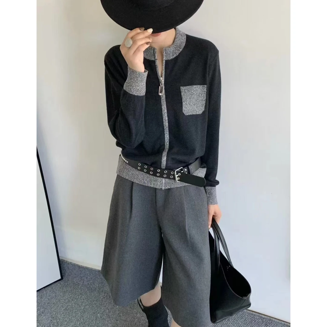 羊毛羊绒天丝~胸112-160长62拼色简约设计拉链假口袋针织衫 3417