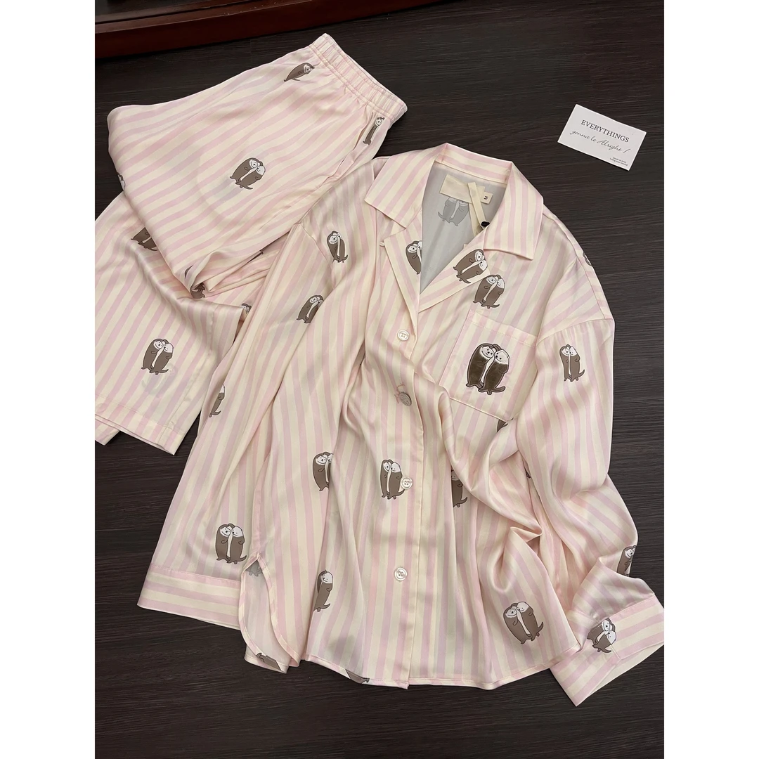 韩系甜美温柔卡通条纹睡衣秋季大码宽松休闲长袖长裤家居服可外穿