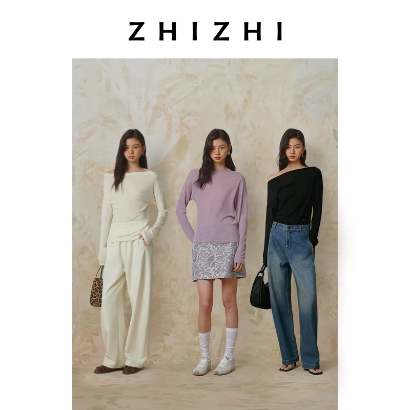 致知 眉樱妩 欧若假日风全羊毛斜肩T恤女25春新品百搭ZZ2ESWT8008