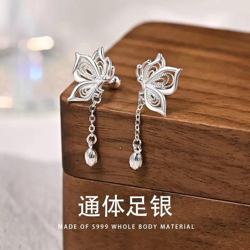 足银耳饰 S999银耳环小清新甜美流苏新款蝴蝶耳钉女韩版耳骨钉
