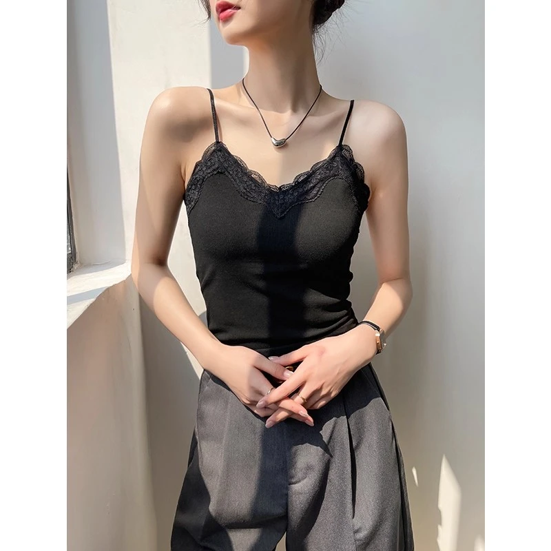 黑色蕾丝花边吊带背心女内搭夏季带胸垫百搭打底性感无袖短款上衣