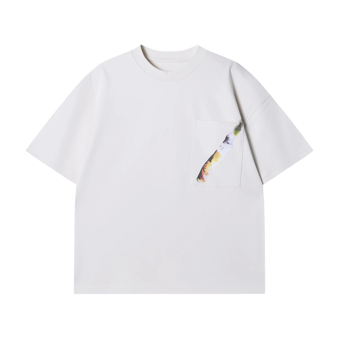 夏季高级感新款美式胸口口袋拼接圆领短袖T恤休闲情侣宽松上衣