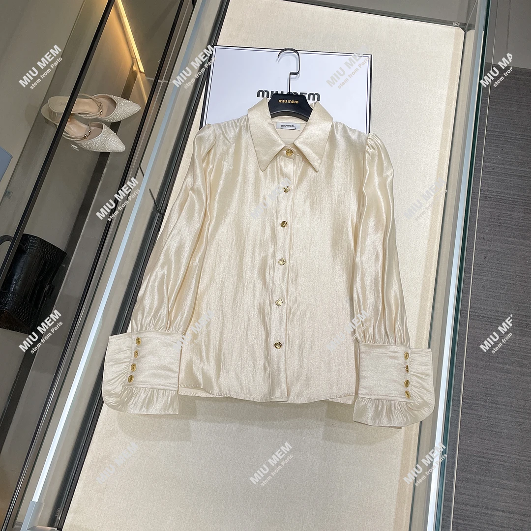法式宫廷风翻领花边长袖薄款缎面纯色衬衫DY5272