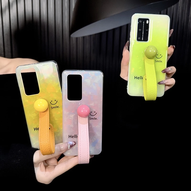 适用华为p40pro手机壳新款p40套huawei贝壳纹渐变ins笑脸腕带女款