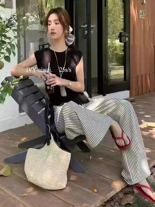 （XI ZI女装)25T18美拉德休闲时尚韩系棉T条纹套装