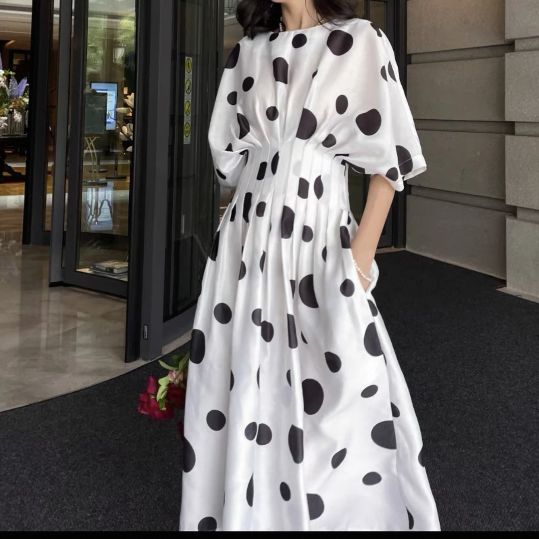 赫本风黑白法式圆点印花显瘦蝙蝠袖中长款连衣裙25LCK8007菲纹