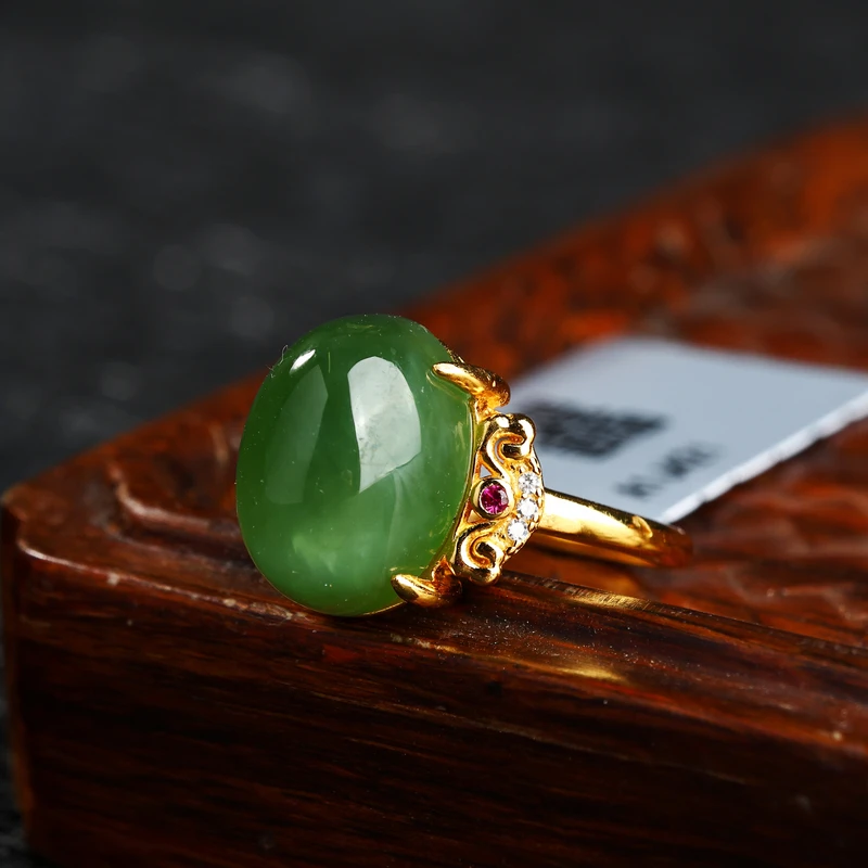 KJ-A1J421和田玉碧玉戒指S925银可调节活口蛋面戒指9*13mm+精美