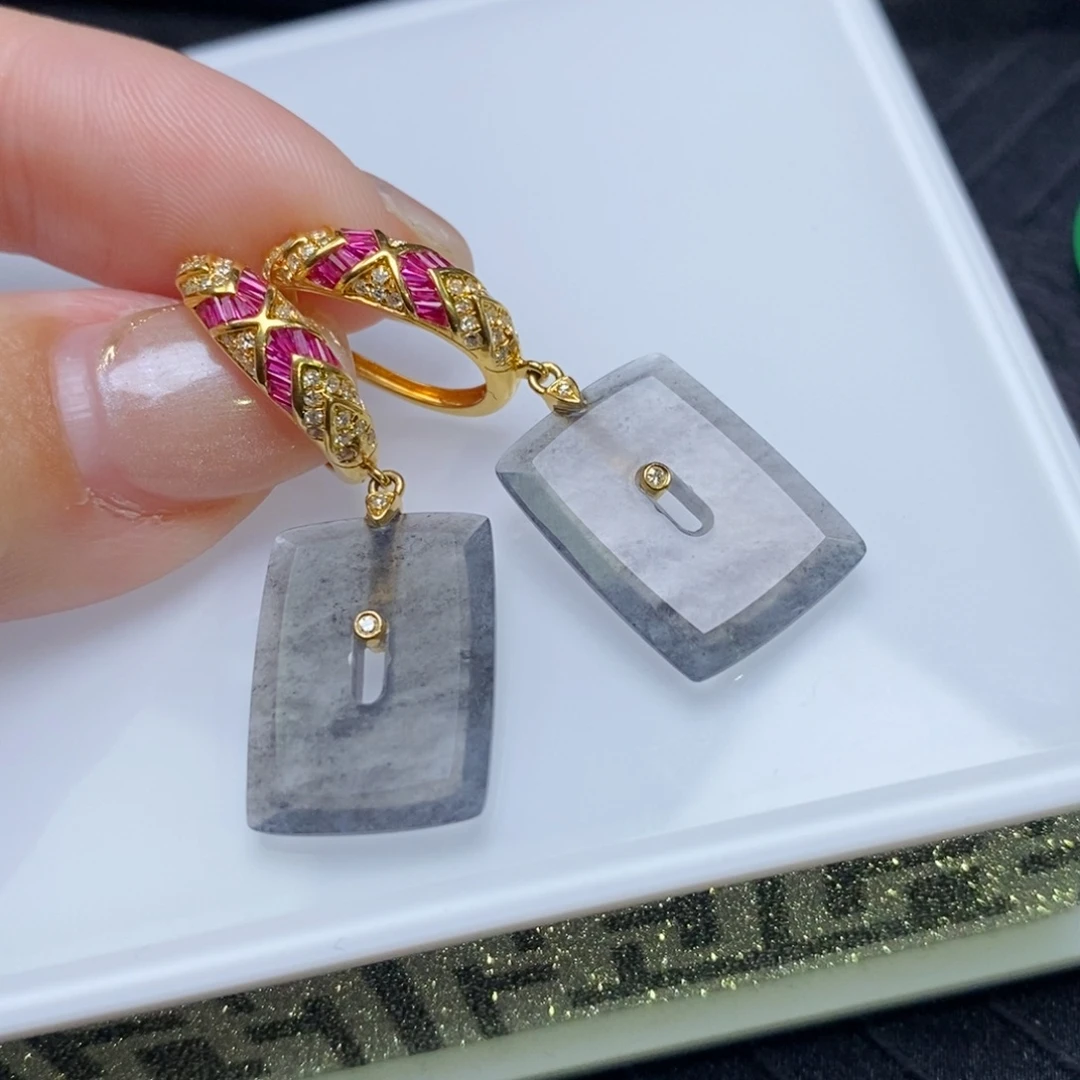 翡翠18K金镶嵌耳饰黑冰方糖