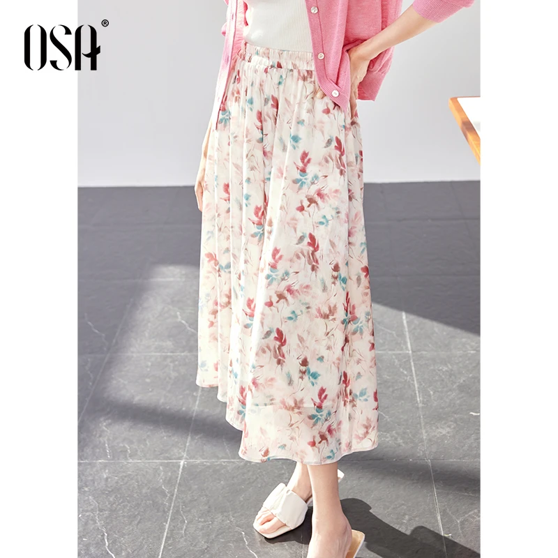 OSA出游印花半身裙女中长款碎花A字裙春季过膝裙子S125A51010