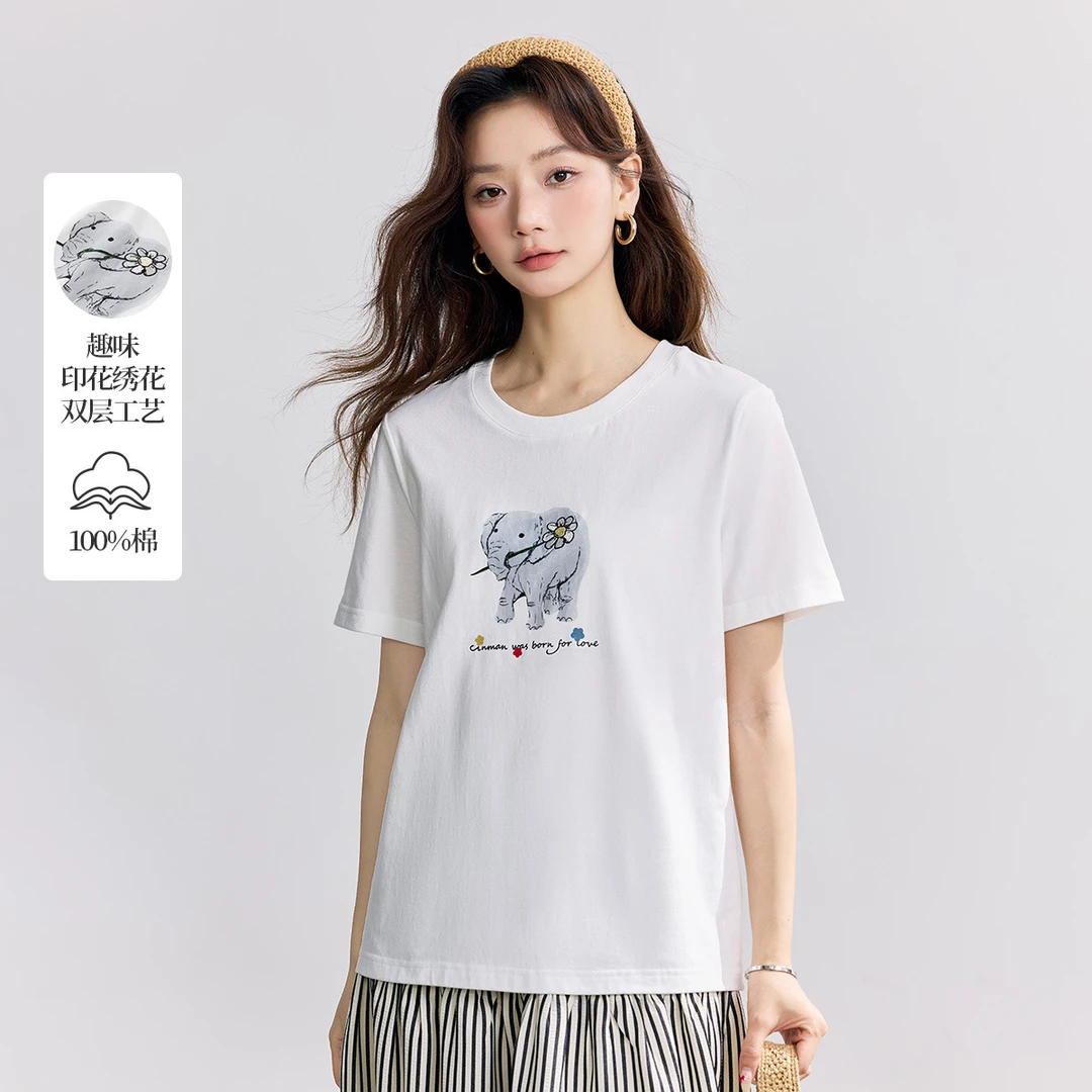 纯棉萌宠印花短袖T恤女2025夏季舒适宽松显瘦百搭休闲上衣
