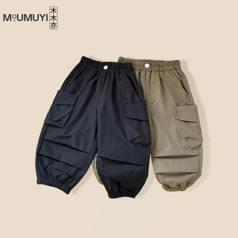 儿童裤子2025春季新品纯色工装口袋中小童韩版男女童宽松工装裤潮