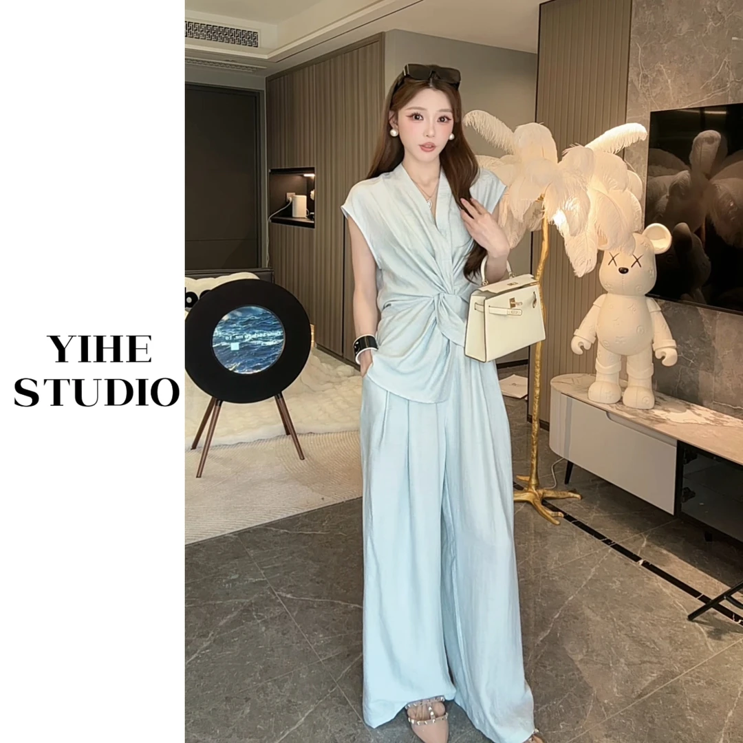 2025/YH|盛夏物语高级不对称扭结/清冷系禅意衣服女套装阔腿上衣