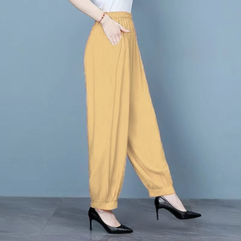 纯色卡其色棉绸女裤大码妈妈装中老年休闲裤高腰百搭春夏薄款宽松