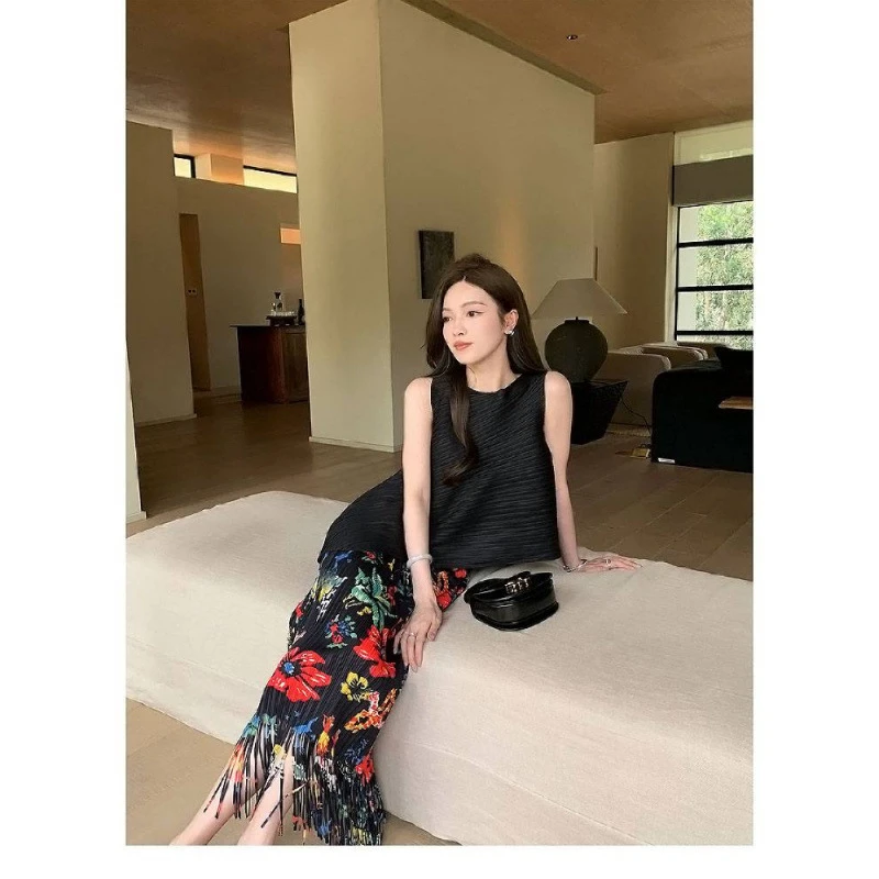 显瘦风时尚套装夏季修身辣妹气质印花长裙不规则碎花小众裙子066