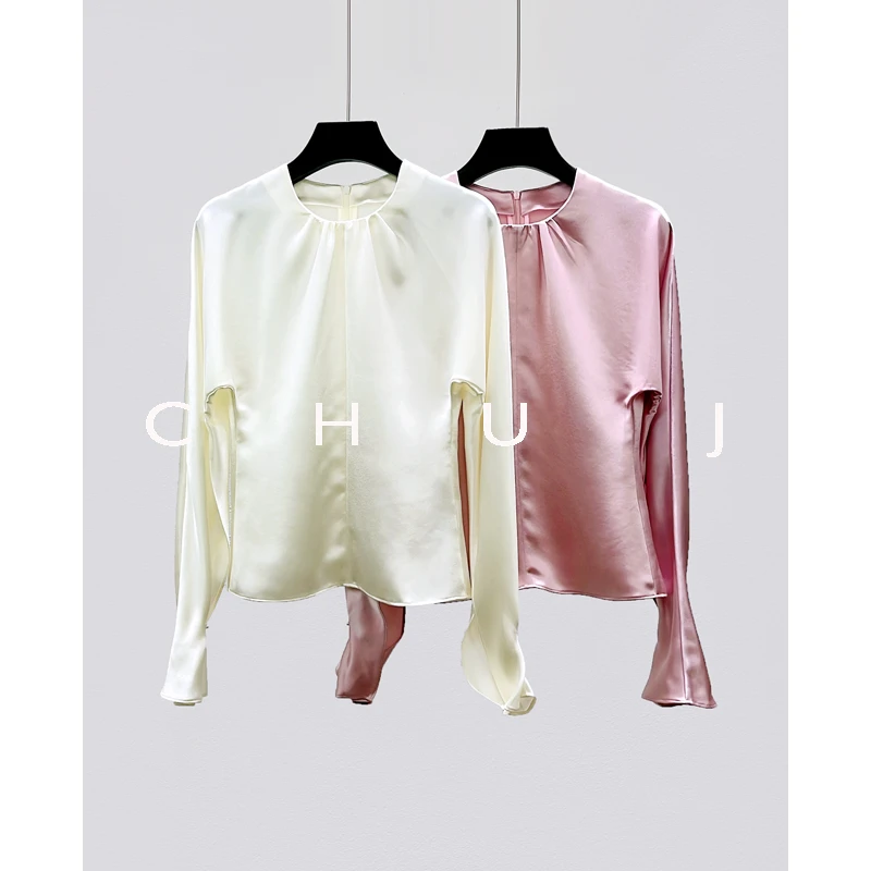 CHU JIAN高端定制女装日本进口三醋酸衬衫圆领开叉插肩袖修身上衣