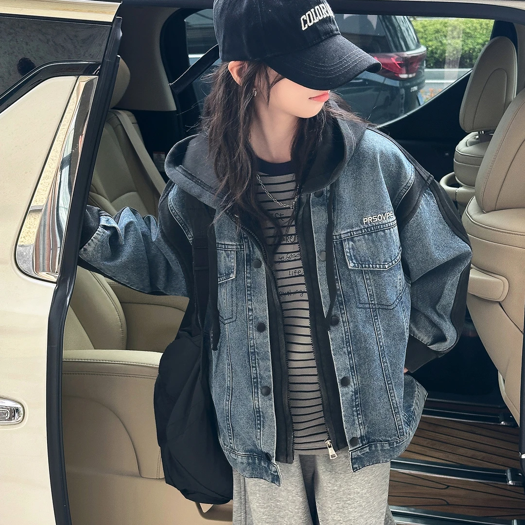 女童外套2025新款春秋装儿童洋气时髦中大童韩系牛仔拼接夹克上衣