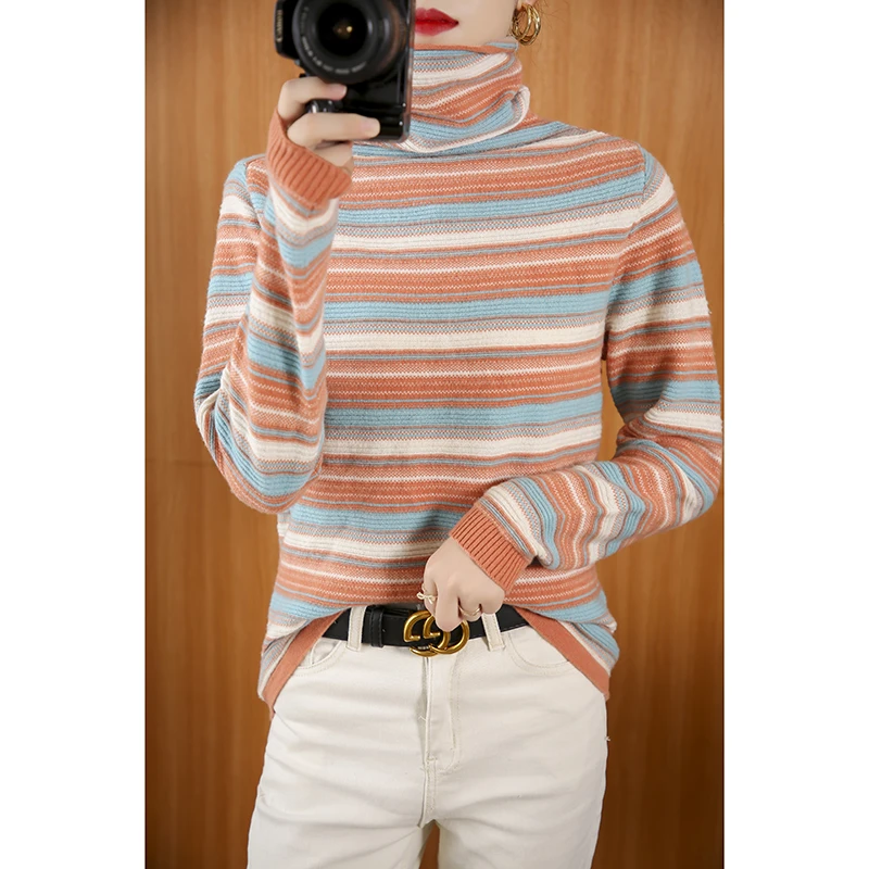 绒女堆堆领彩虹条纹羊毛衫女高领百搭毛衣长袖YM002