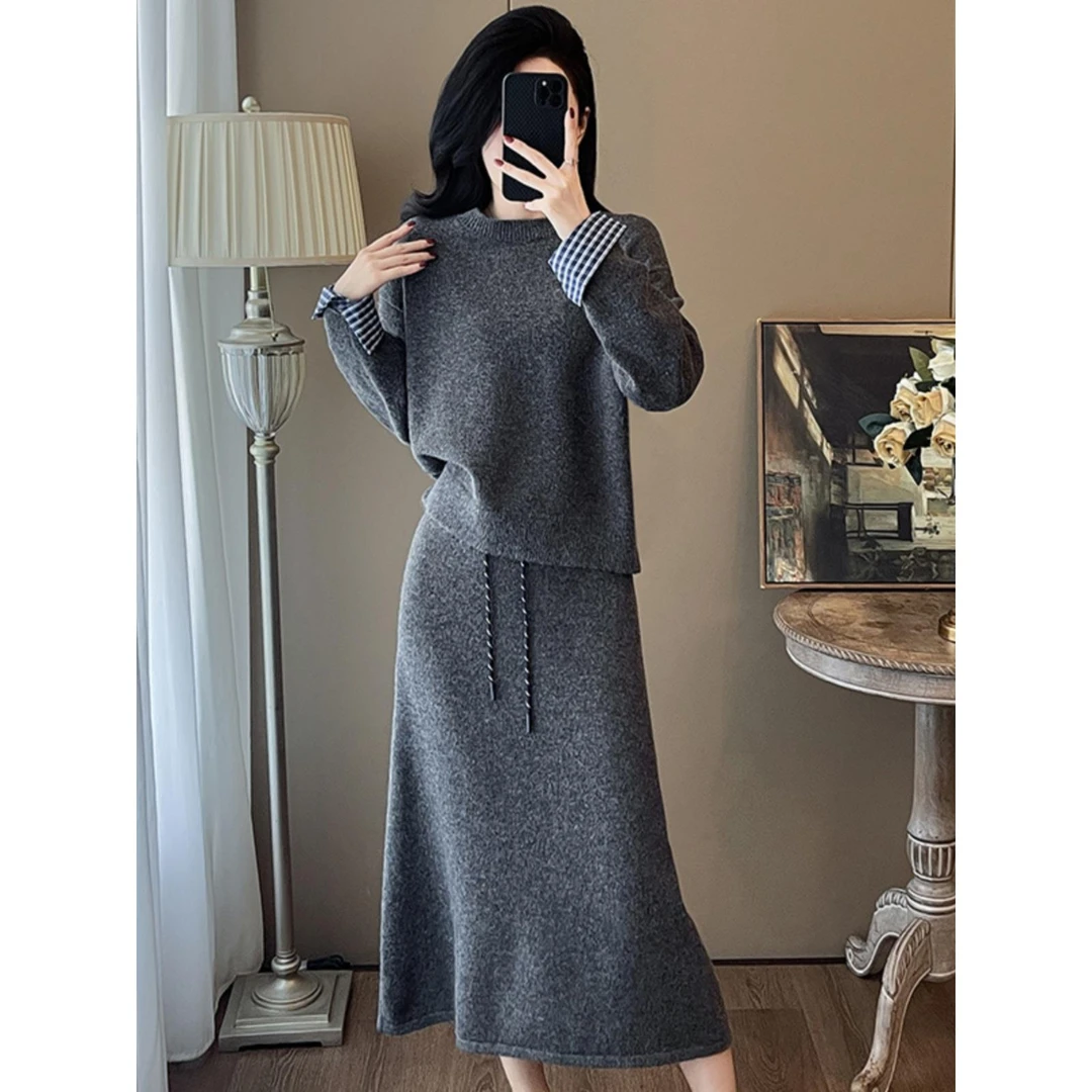 韩系慵懒风时尚套装女2025冬季新款气质灰色针织上衣半身裙两件套