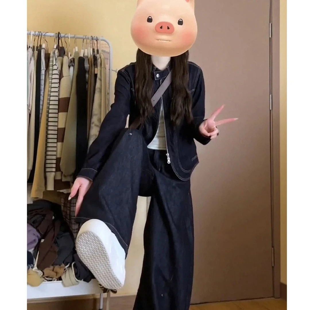 秋季穿搭一整套2025款牛仔外套阔腿裤时尚复古高级感时尚套装女