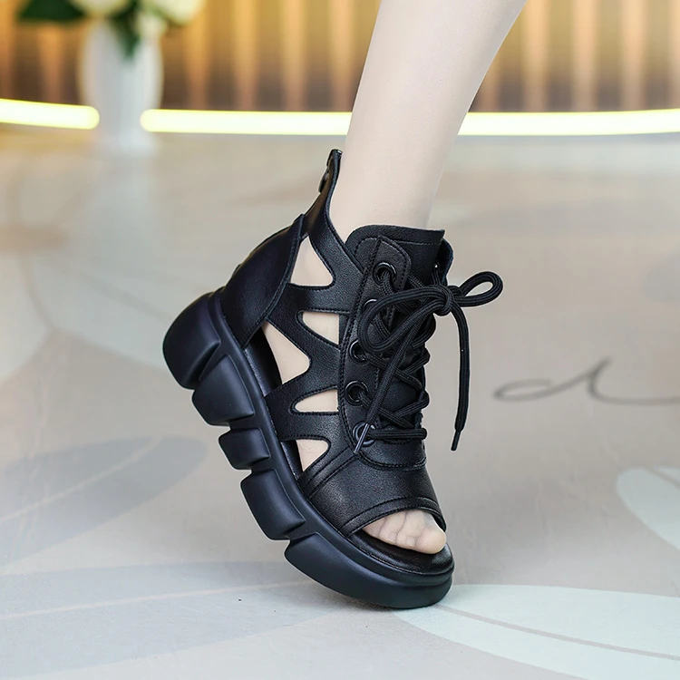 6807春夏新款松糕厚底女软底软面鱼嘴镂空休闲百搭拉链罗马凉鞋