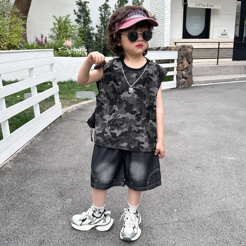 男童夏装套装儿童破洞背心帅气炸街宝宝夏季痞帅小男孩工装两件套