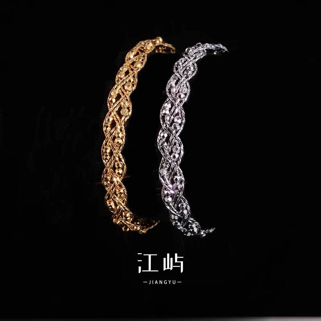 江屿 925银手镯 意大利手工六股编织手链蹦迪珠手镯