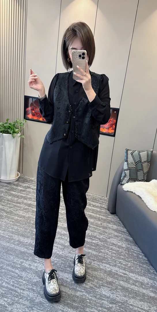 【菲凡】2025春新款国风假两件衬衫气质重工提花马甲衬衫裤子套装