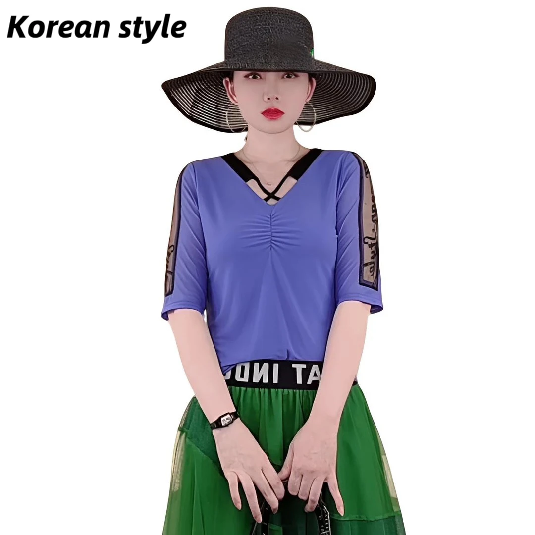 【正品断码清货】2804B字母中袖舒适V领常规T恤夏季瘦洋气百搭小衫