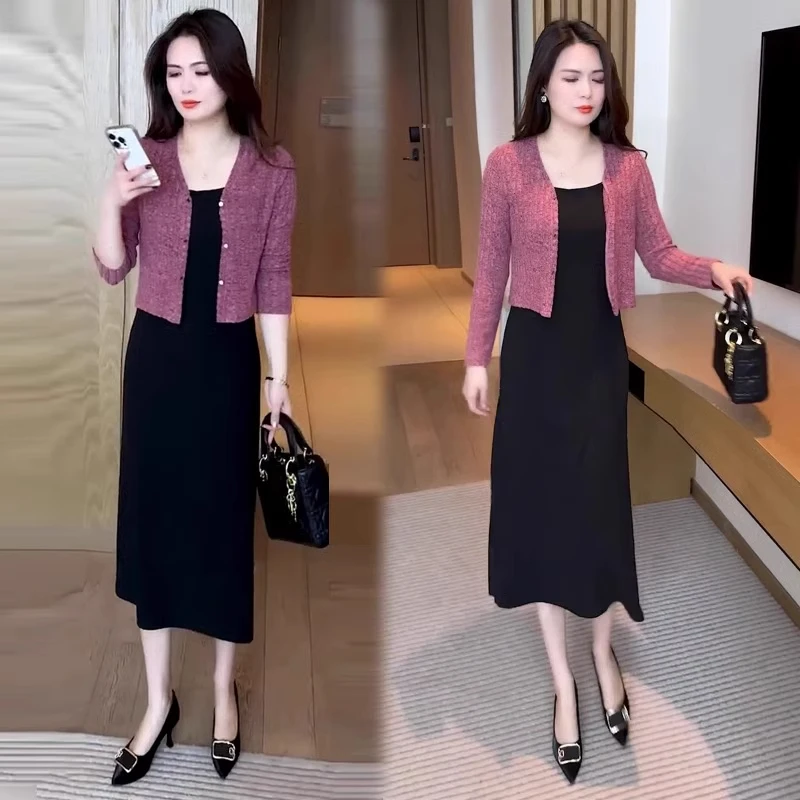 时尚套装裙女2025秋季新款洋气减龄宽松开衫针织衫无袖裙子两件套