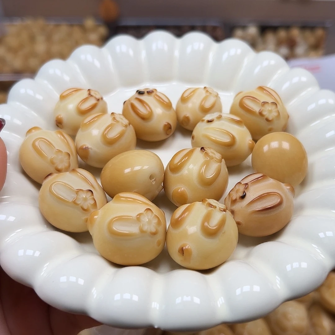 手串菩提根/象牙果微瑕炭烤花兔子3颗有裂