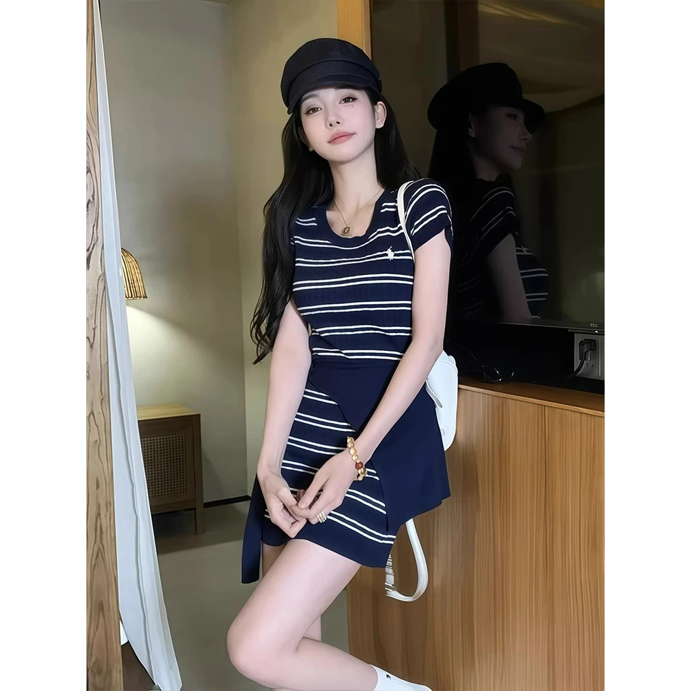 夏季韩系气质小马刺绣披肩圆领条纹短袖针织连衣裙女修身包臀短裙