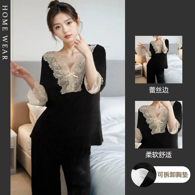 韩系自带胸垫拆卸睡衣女春秋季新长袖家居服蕾丝花边2025小众套装