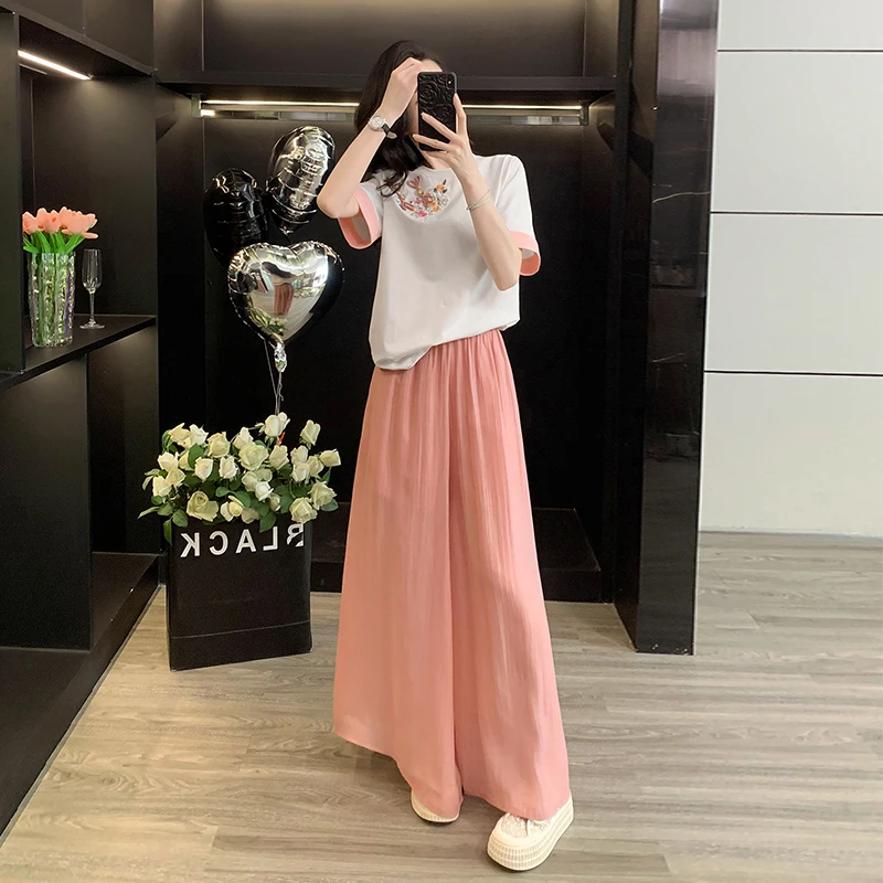 夏季新款新中式刺绣短袖上衣时髦显瘦粉色裤裙国风穿搭时尚两件套