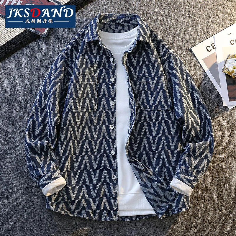 Jiekesi·dandun牛仔长袖衬衫男春季潮牌宽松翻领牛仔衬外套上衣