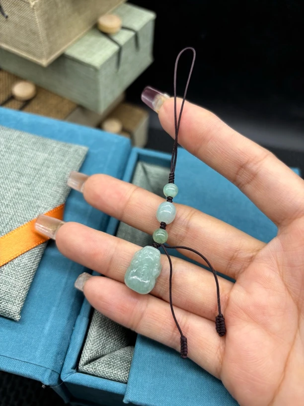 福利款天然缅甸翡翠老坑冰晴水貔貅手机链包挂件小挂件11X15mm